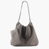 Textured Shoulder Bag with Pouch – Spacious Everyday Tote with Drawstring - in Light Gray | Arvea Bags