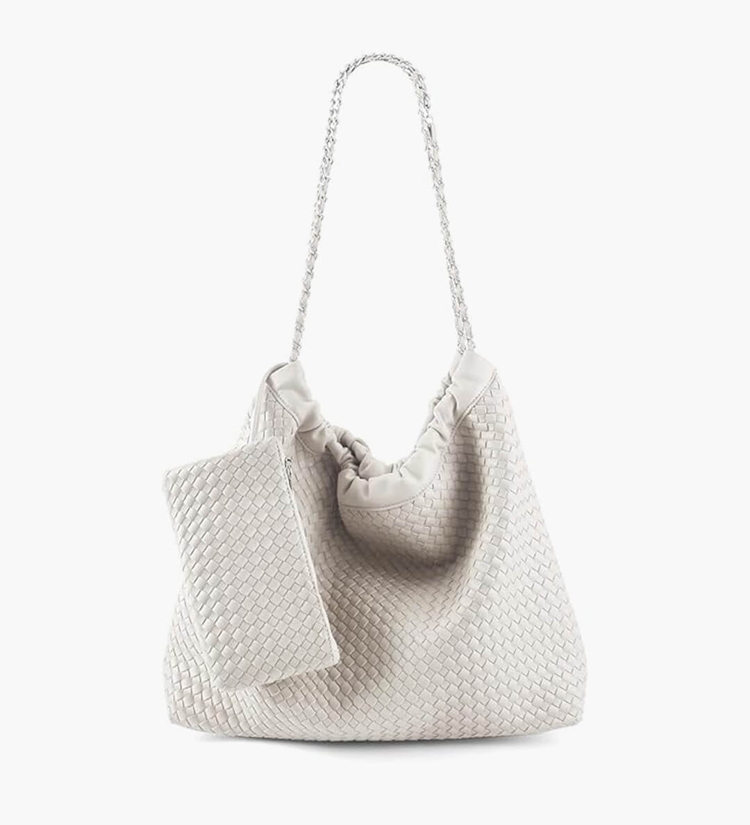 Textured Shoulder Bag with Pouch – Spacious Everyday Tote with Drawstring - in White | Arvea Bags