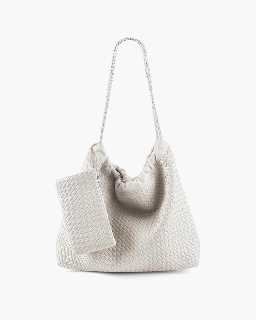 Textured Shoulder Bag with Pouch – Spacious Everyday Tote with Drawstring - in White | Arvea Bags