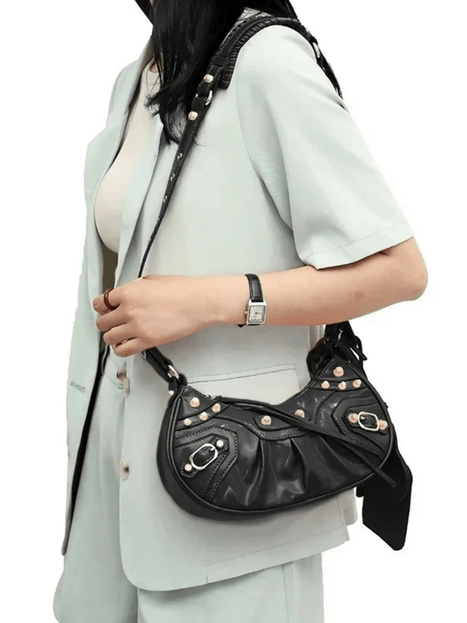 Thalina | Black Studded Shoulder Bag – Edgy & Stylish - in Black | Arvea Bags