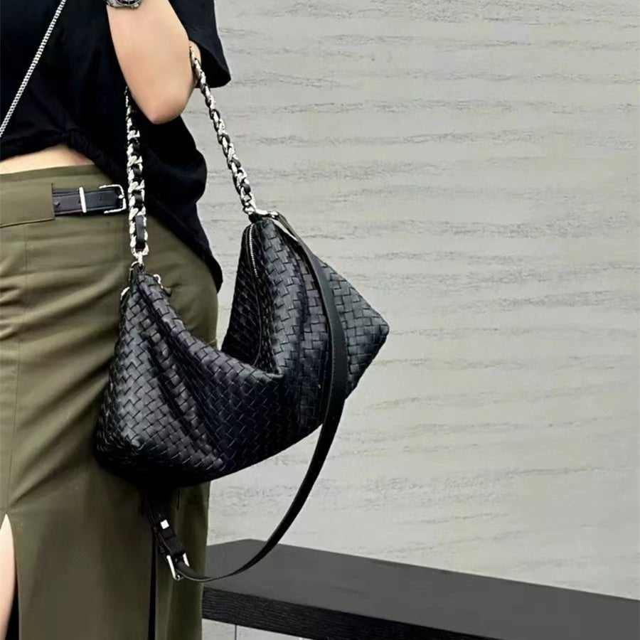 Thessaly | Sage Green Woven Leather Hobo Bag – Chic, Soft & Effortlessly Stylish - in Black | Arvea Bags