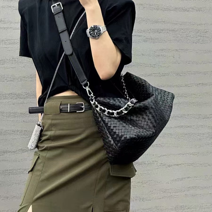 Thessaly | Sage Green Woven Leather Hobo Bag – Chic, Soft & Effortlessly Stylish - in Black | Arvea Bags