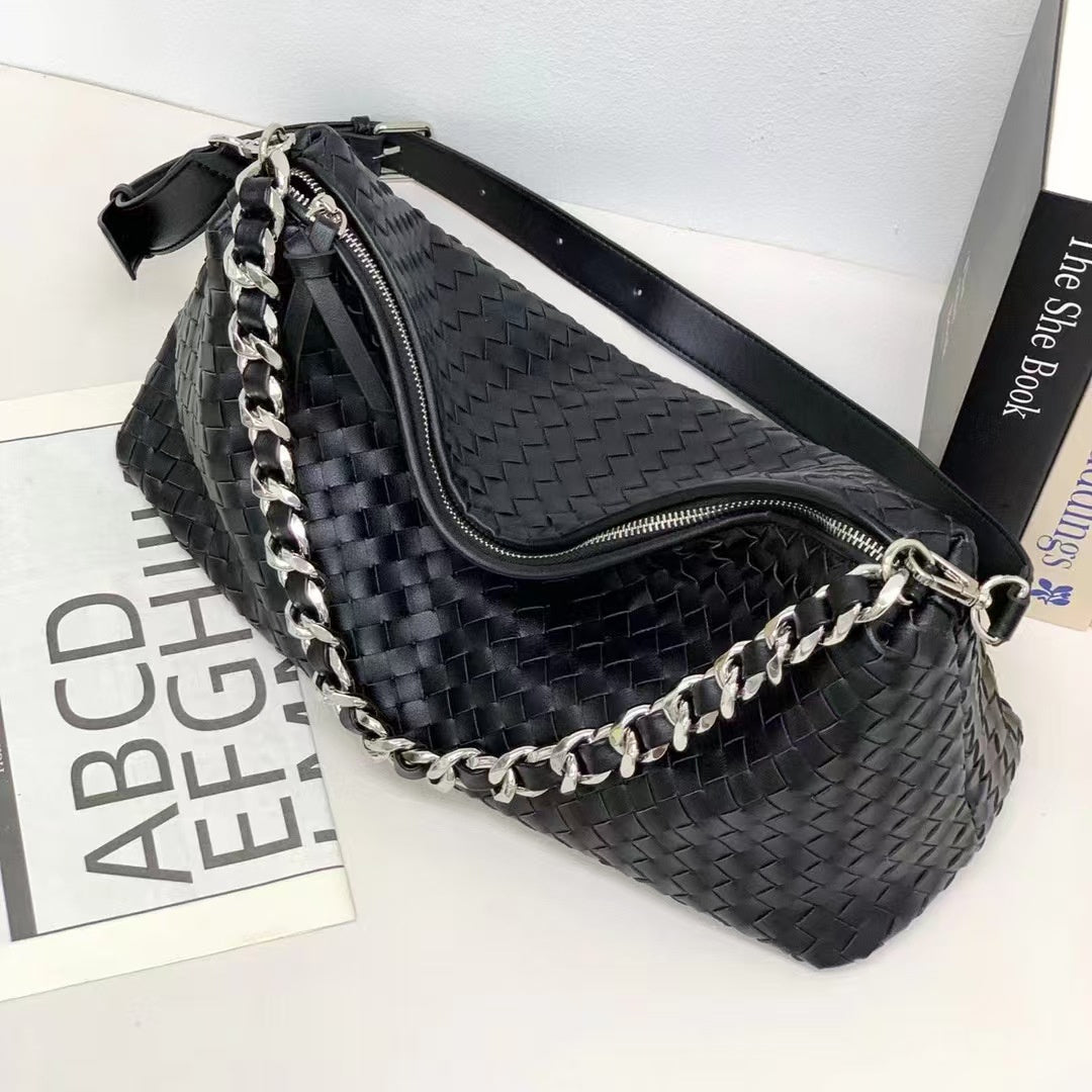 Thessaly | Sage Green Woven Leather Hobo Bag – Chic, Soft & Effortlessly Stylish - in Black | Arvea Bags