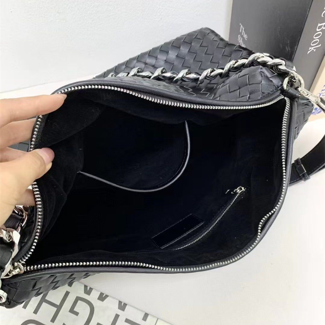 Thessaly | Sage Green Woven Leather Hobo Bag – Chic, Soft & Effortlessly Stylish - in Black | Arvea Bags