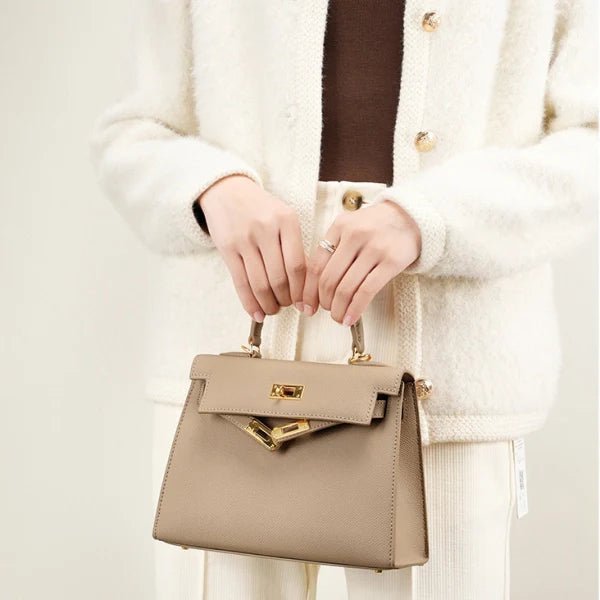 Timeless Trapeze Satchel – Compact Luxury Bag with Top Handle & Lock - in Taupe | Arvea Bags