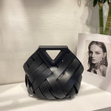 Unique Woven Leather Crossbody Bag – Distinctive Triangle Handle & Bucket Style - in Black | Arvea Bags