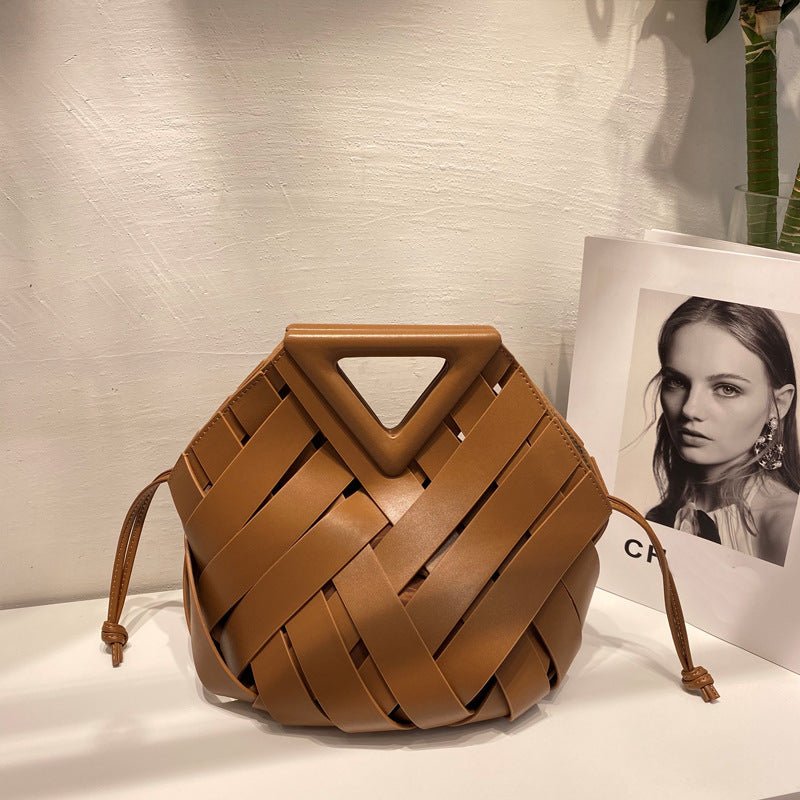 Unique Woven Leather Crossbody Bag – Distinctive Triangle Handle & Bucket Style - in Caramel | Arvea Bags