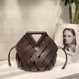 Unique Woven Leather Crossbody Bag – Distinctive Triangle Handle & Bucket Style - in Coffee | Arvea Bags