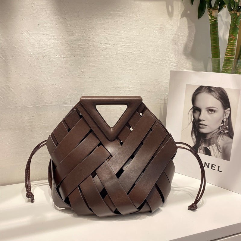 Unique Woven Leather Crossbody Bag – Distinctive Triangle Handle & Bucket Style - in Coffee | Arvea Bags
