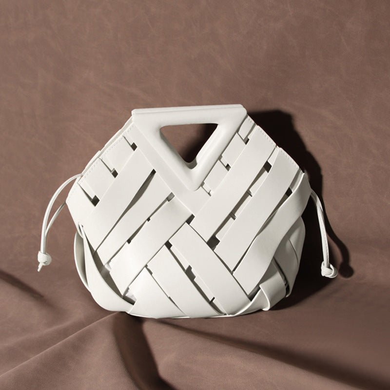 Unique Woven Leather Crossbody Bag – Distinctive Triangle Handle & Bucket Style - in Off - White | Arvea Bags