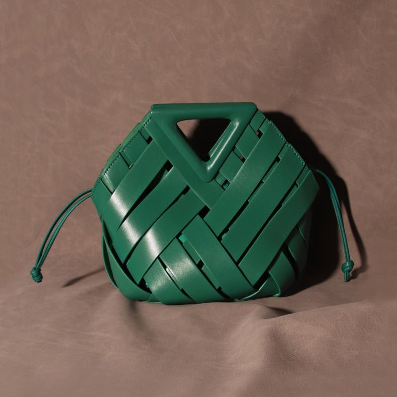 Unique Woven Leather Crossbody Bag – Distinctive Triangle Handle & Bucket Style - in Racing Green | Arvea Bags