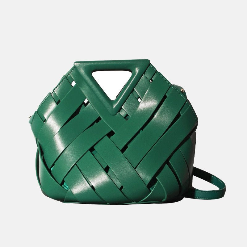 Unique Woven Leather Crossbody Bag – Distinctive Triangle Handle & Bucket Style - in Racing Green | Arvea Bags