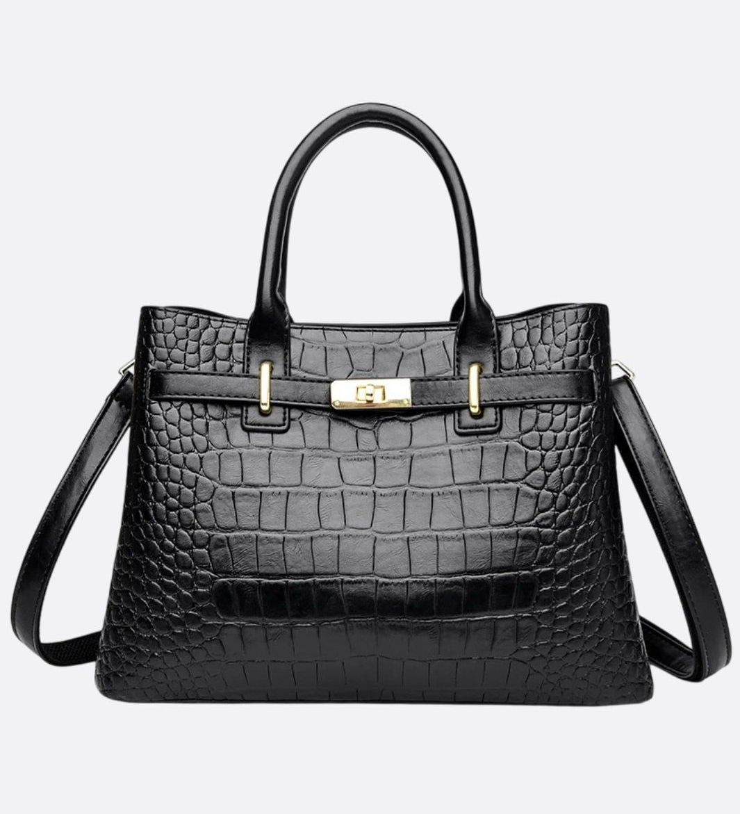 Valencia Croc - Embossed Leather Tote – Structured Top Handle Bag with Lock Detail - in Black | Arvea Bags