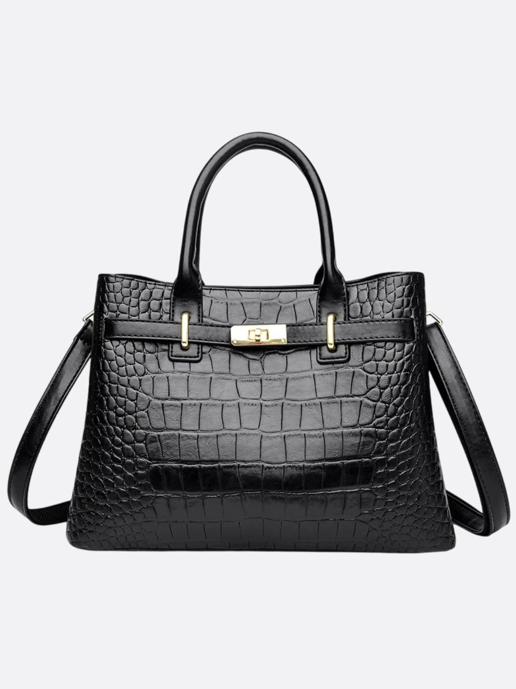 Valencia Croc - Embossed Leather Tote – Structured Top Handle Bag with Lock Detail - in Black | Arvea Bags