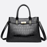 Valencia Croc - Embossed Leather Tote – Structured Top Handle Bag with Lock Detail - in Black | Arvea Bags