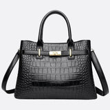 Valencia Croc - Embossed Leather Tote – Structured Top Handle Bag with Lock Detail - in Black | Arvea Bags