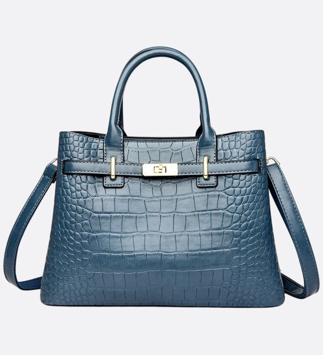 Valencia Croc - Embossed Leather Tote – Structured Top Handle Bag with Lock Detail - in Duck Blue | Arvea Bags