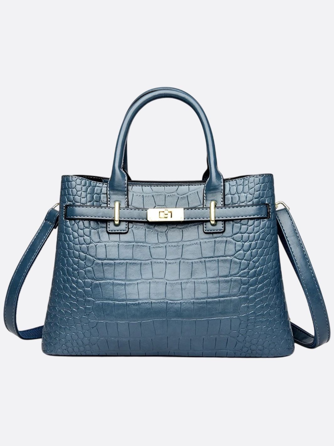 Valencia Croc - Embossed Leather Tote – Structured Top Handle Bag with Lock Detail - in Duck Blue | Arvea Bags