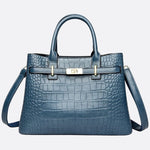 Valencia Croc - Embossed Leather Tote – Structured Top Handle Bag with Lock Detail - in Duck Blue | Arvea Bags