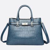Valencia Croc - Embossed Leather Tote – Structured Top Handle Bag with Lock Detail - in Duck Blue | Arvea Bags