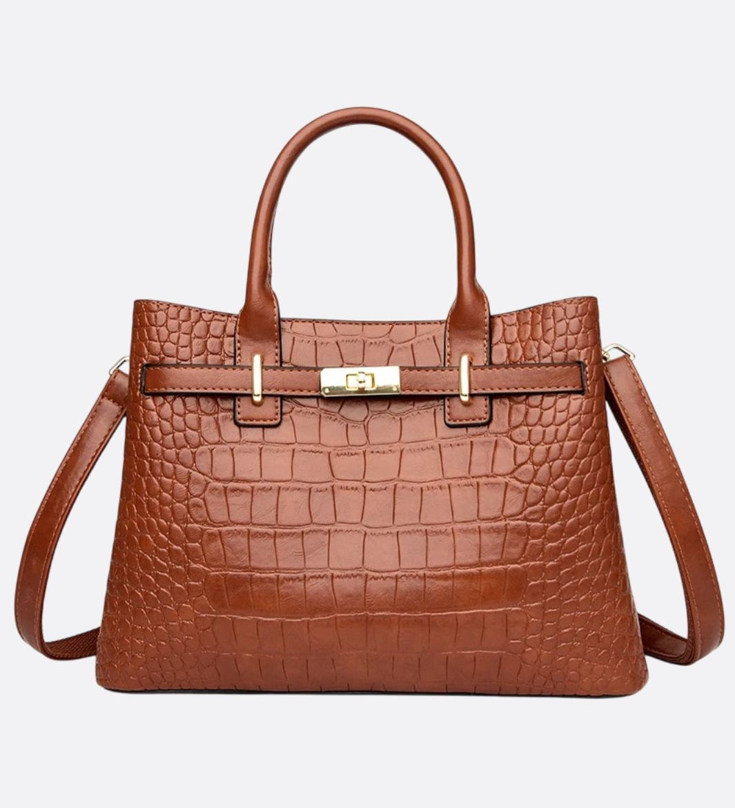 Valencia Croc - Embossed Leather Tote – Structured Top Handle Bag with Lock Detail - in Light Brown | Arvea Bags