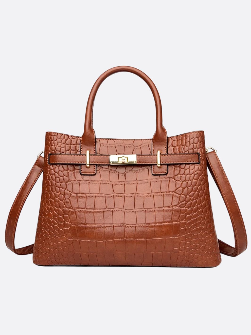 Valencia Croc - Embossed Leather Tote – Structured Top Handle Bag with Lock Detail - in Light Brown | Arvea Bags