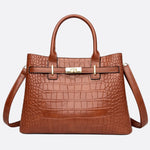 Valencia Croc - Embossed Leather Tote – Structured Top Handle Bag with Lock Detail - in Light Brown | Arvea Bags