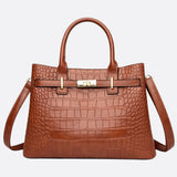 Valencia Croc - Embossed Leather Tote – Structured Top Handle Bag with Lock Detail - in Light Brown | Arvea Bags