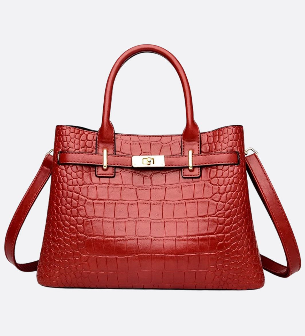 Valencia Croc - Embossed Leather Tote – Structured Top Handle Bag with Lock Detail - in Red | Arvea Bags