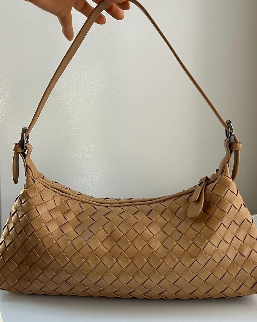 Vegan Leather Woven Shoulder Bag – Elegant Handbag with Adjustable Strap - in Olive | Arvea Bags