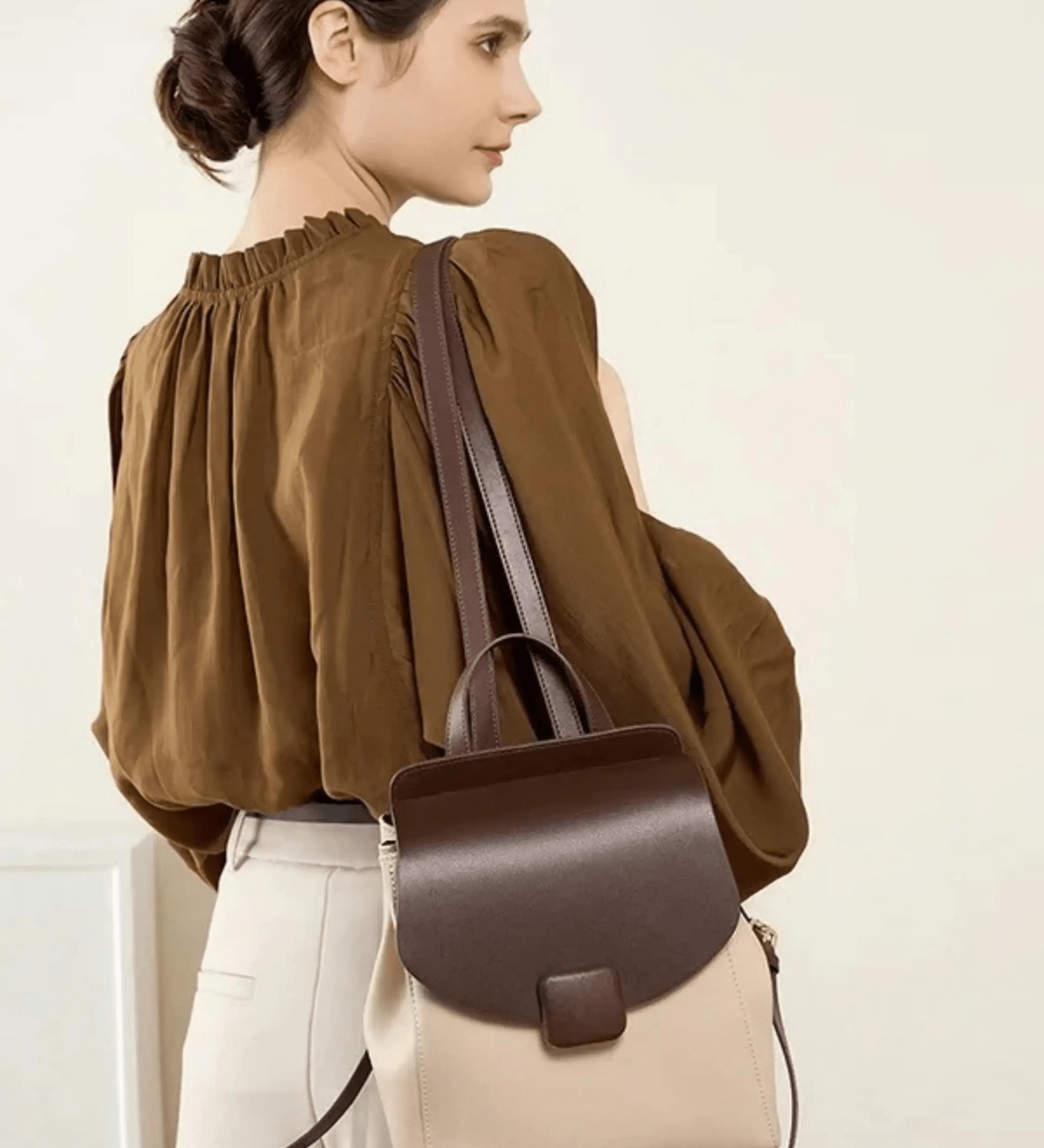 Velindra | Two - Tone Leather Backpack – Minimalist Elegance - in Beige | Arvea Bags