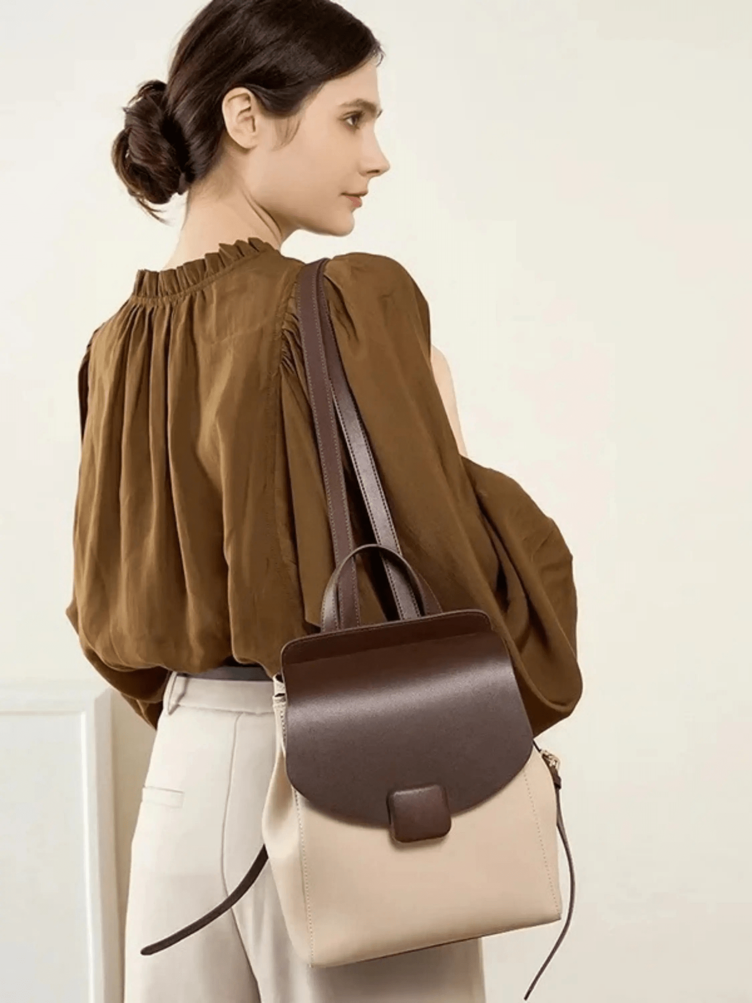 Velindra | Two - Tone Leather Backpack – Minimalist Elegance - in Beige | Arvea Bags