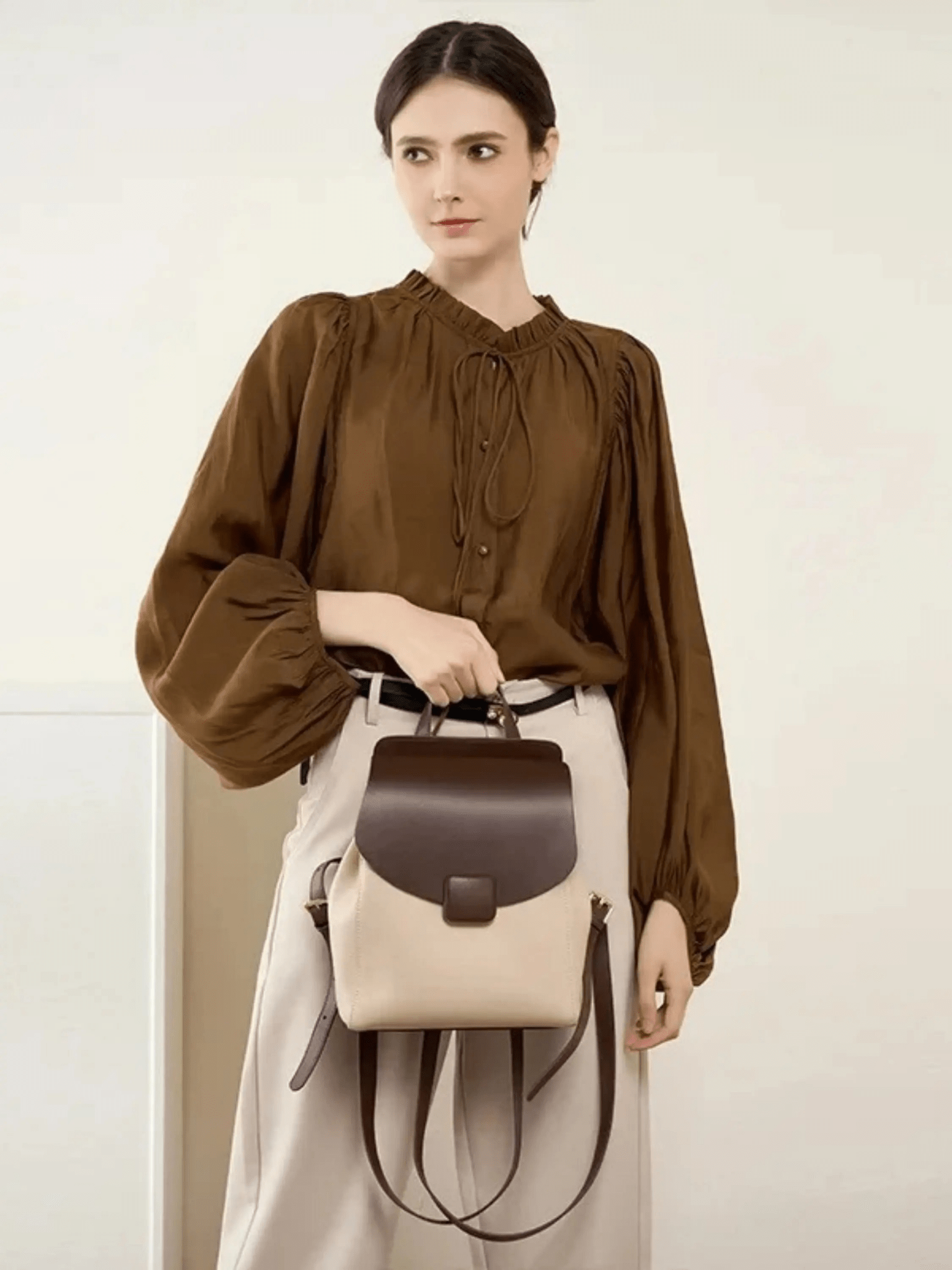 Velindra | Two - Tone Leather Backpack – Minimalist Elegance - in Beige | Arvea Bags
