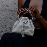 Velmira | Silver Crystal Embellished Bucket Bag – Dazzling & Glamorous - in Silver | Arvea Bags