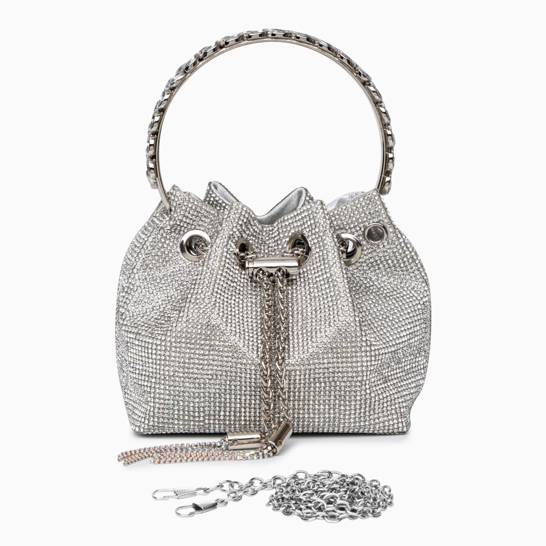 Velmira | Silver Crystal Embellished Bucket Bag – Dazzling & Glamorous - in Silver | Arvea Bags