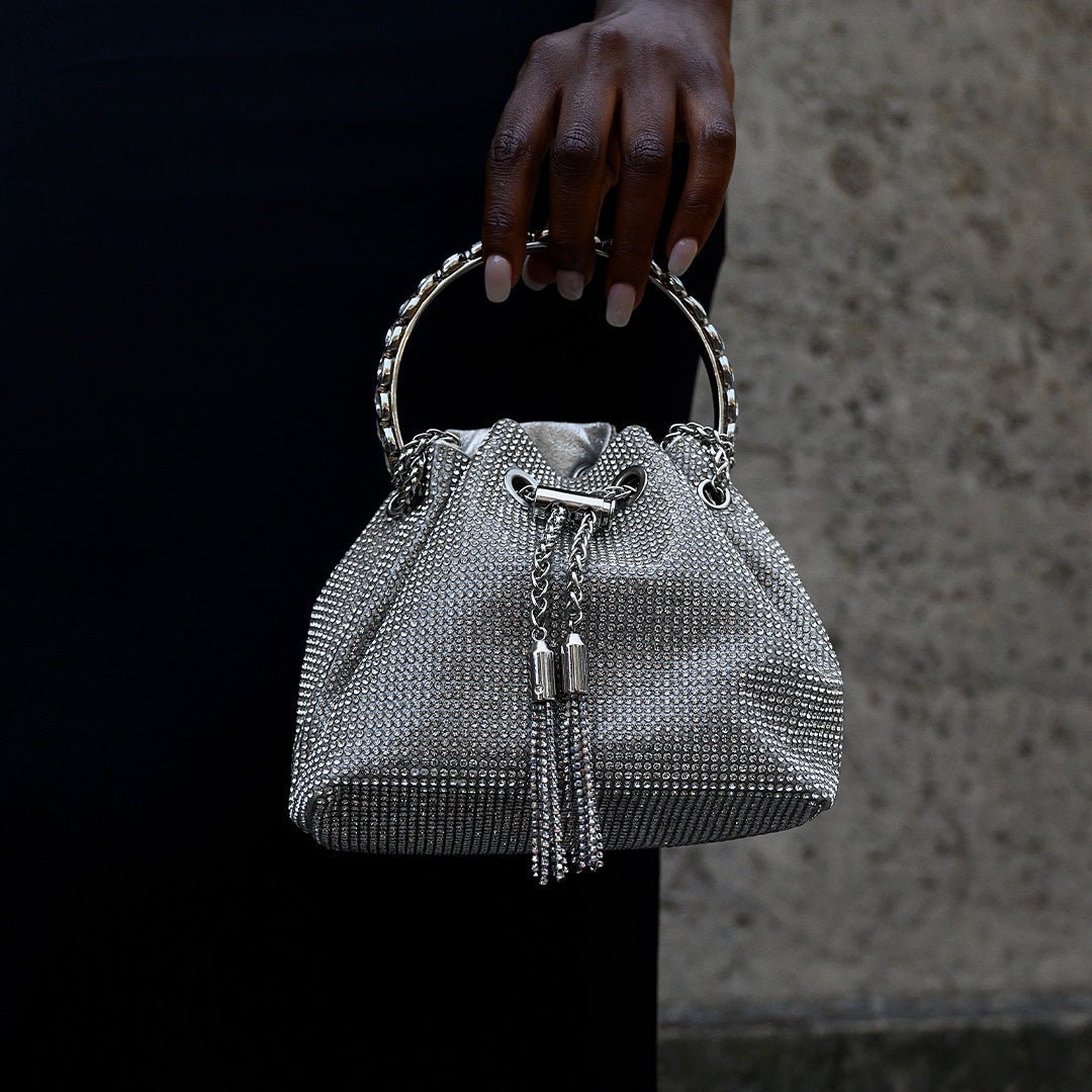 Velmira | Silver Crystal Embellished Bucket Bag – Dazzling & Glamorous - in Silver | Arvea Bags