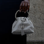 Velmira | Silver Crystal Embellished Bucket Bag – Dazzling & Glamorous - in Silver | Arvea Bags