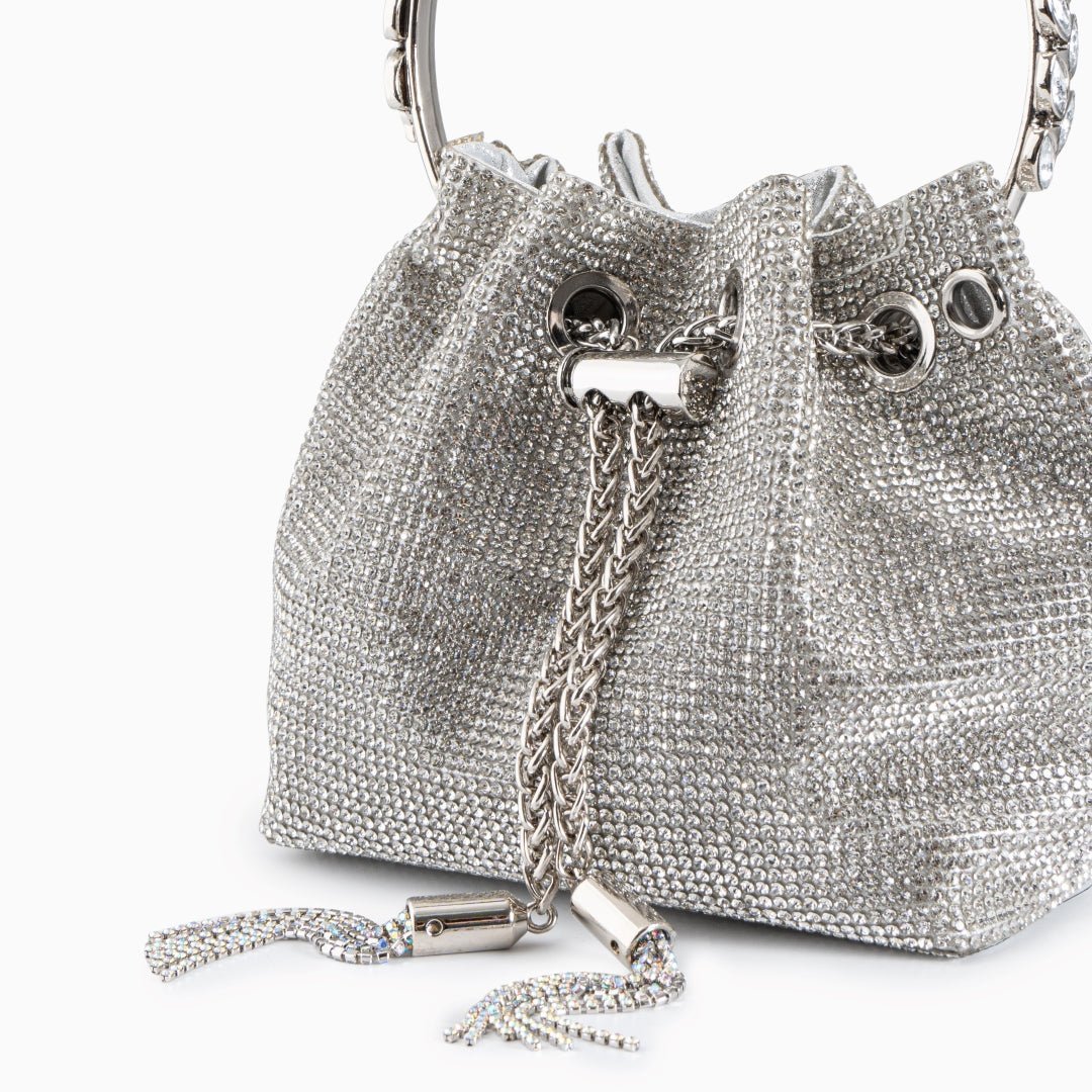 Velmira | Silver Crystal Embellished Bucket Bag – Dazzling & Glamorous - in Silver | Arvea Bags