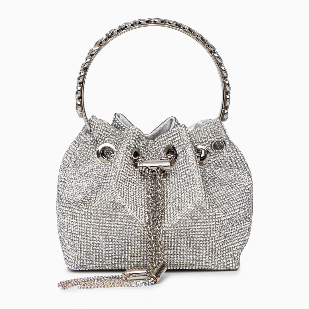 Velmira | Silver Crystal Embellished Bucket Bag – Dazzling & Glamorous - in Silver | Arvea Bags