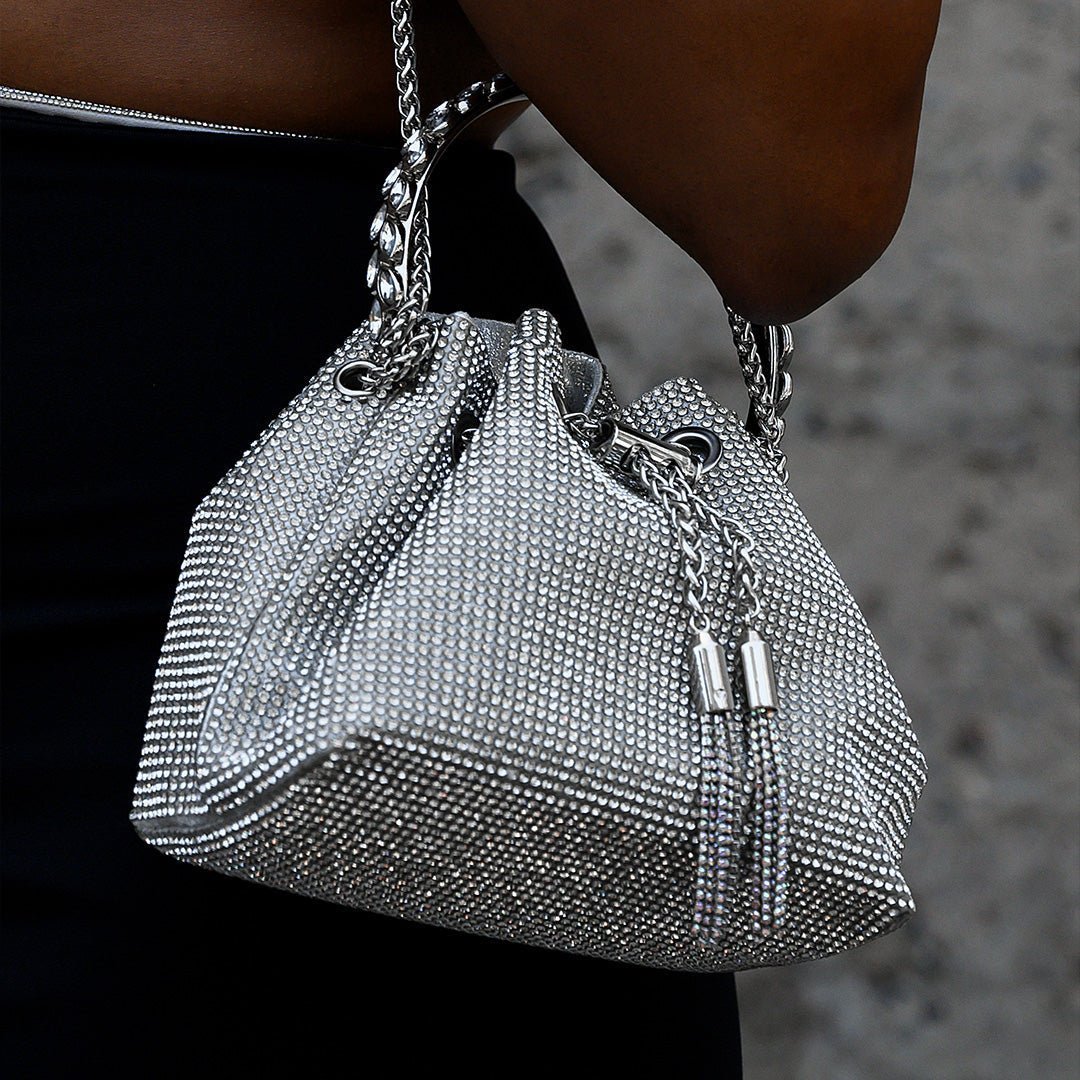 Velmira | Silver Crystal Embellished Bucket Bag – Dazzling & Glamorous - in Silver | Arvea Bags