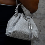 Velmira | Silver Crystal Embellished Bucket Bag – Dazzling & Glamorous - in Silver | Arvea Bags
