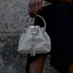 Velmira | Silver Crystal Embellished Bucket Bag – Dazzling & Glamorous - in Silver | Arvea Bags