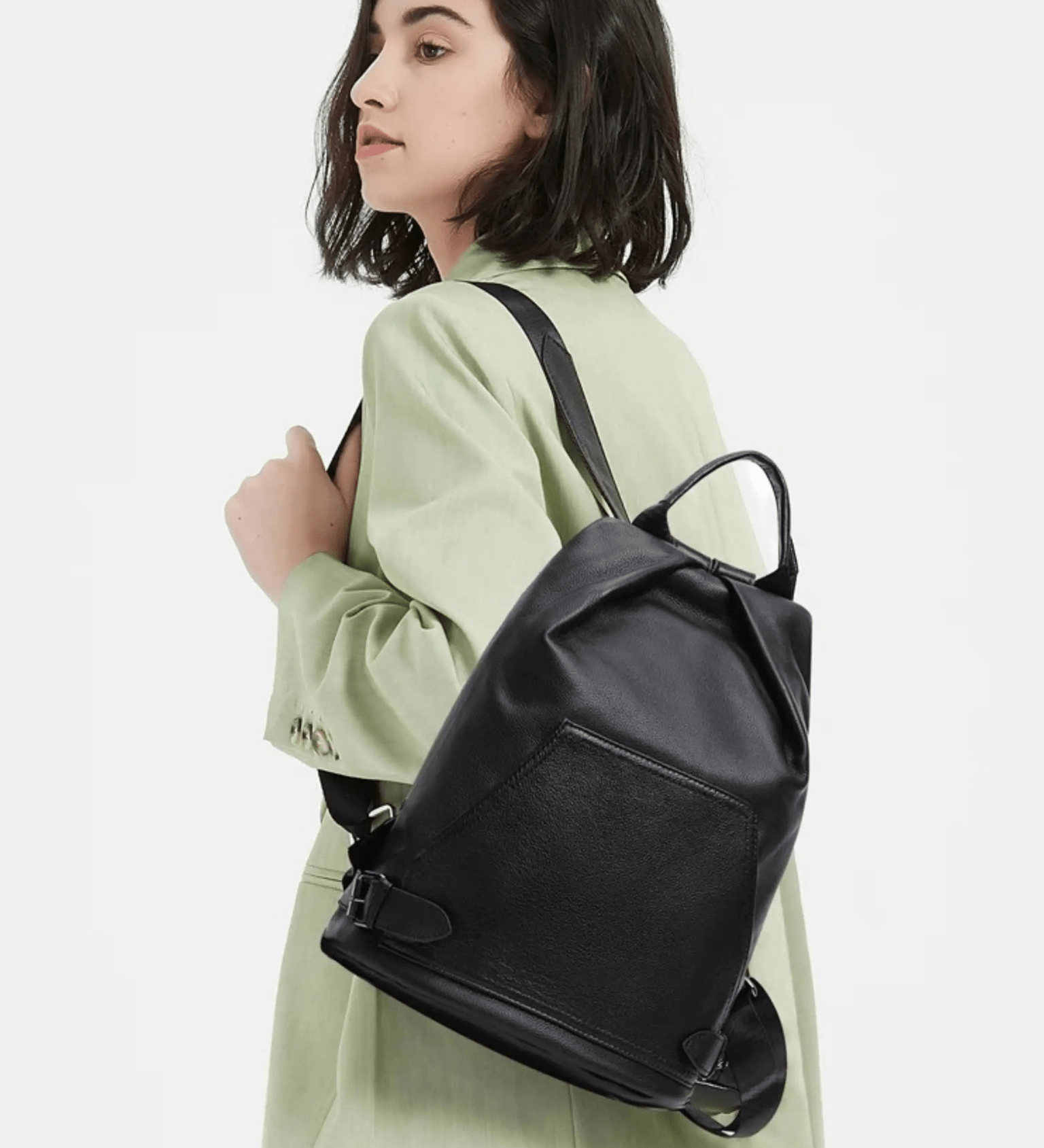 Vera | Sleek Black Drawstring Leather Backpack – Minimalist Edge - in Black | Arvea Bags