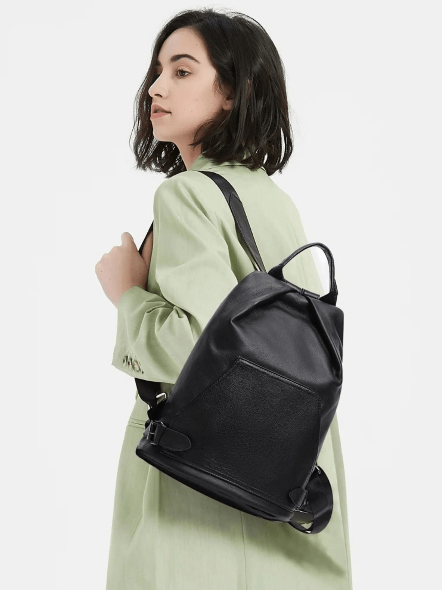 Vera | Sleek Black Drawstring Leather Backpack – Minimalist Edge - in Black | Arvea Bags