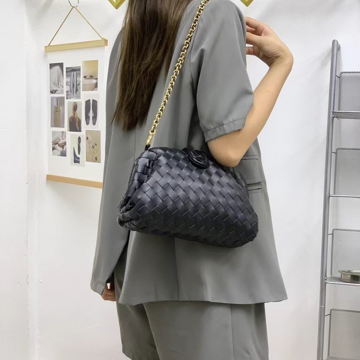 Veyndra | Black Woven Leather Chain Bag – Elegant & Chic - in Black | Arvea Bags