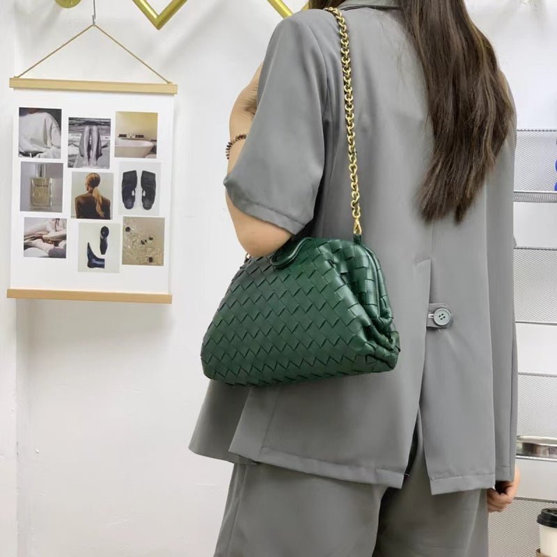Veyndra | Black Woven Leather Chain Bag – Elegant & Chic - in Green | Arvea Bags