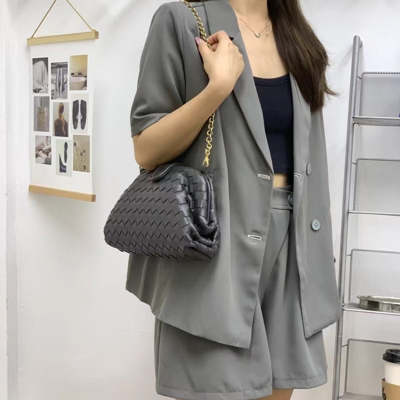 Veyndra | Black Woven Leather Chain Bag – Elegant & Chic - in Grey | Arvea Bags
