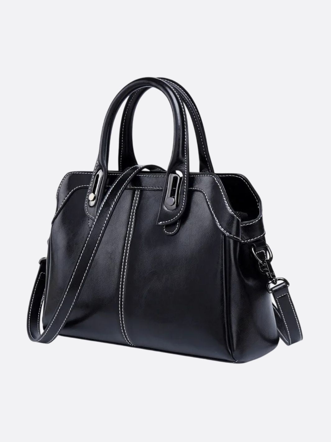 Vintage Leather Handbag with Top Handle and Detachable Strap - in Black | Arvea Bags