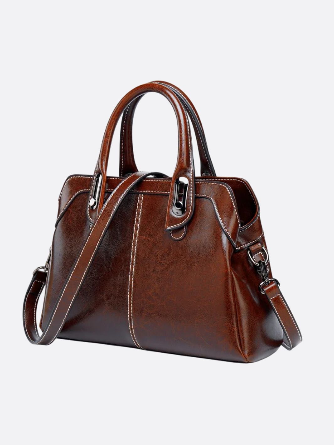 Vintage Leather Handbag with Top Handle and Detachable Strap - in Brown | Arvea Bags