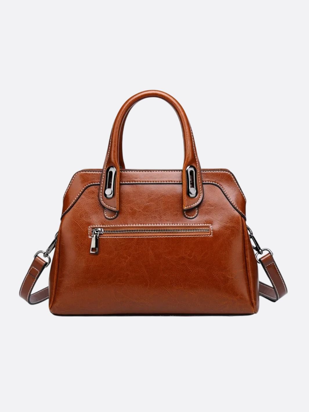 Vintage Leather Handbag with Top Handle and Detachable Strap - in Camel | Arvea Bags